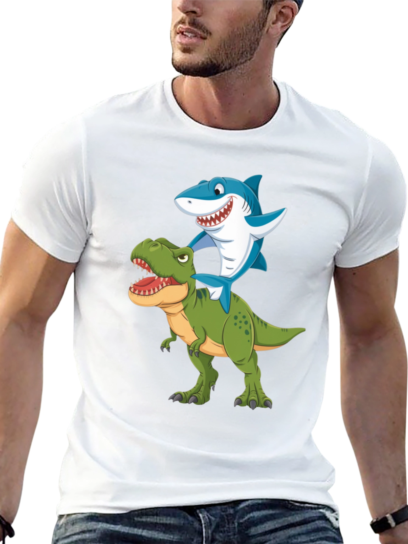 Shark Riding Dinosaur Graphic T-Shirt