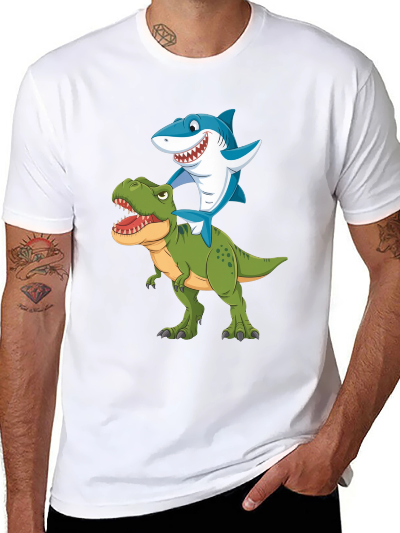 Shark Riding Dinosaur Graphic T-Shirt