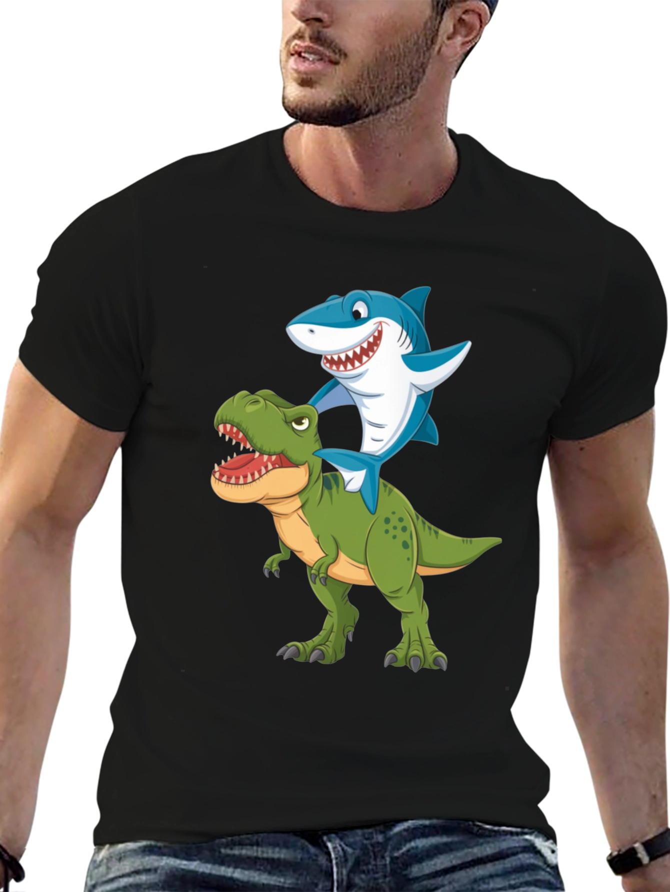 Shark Riding Dinosaur Graphic T-Shirt