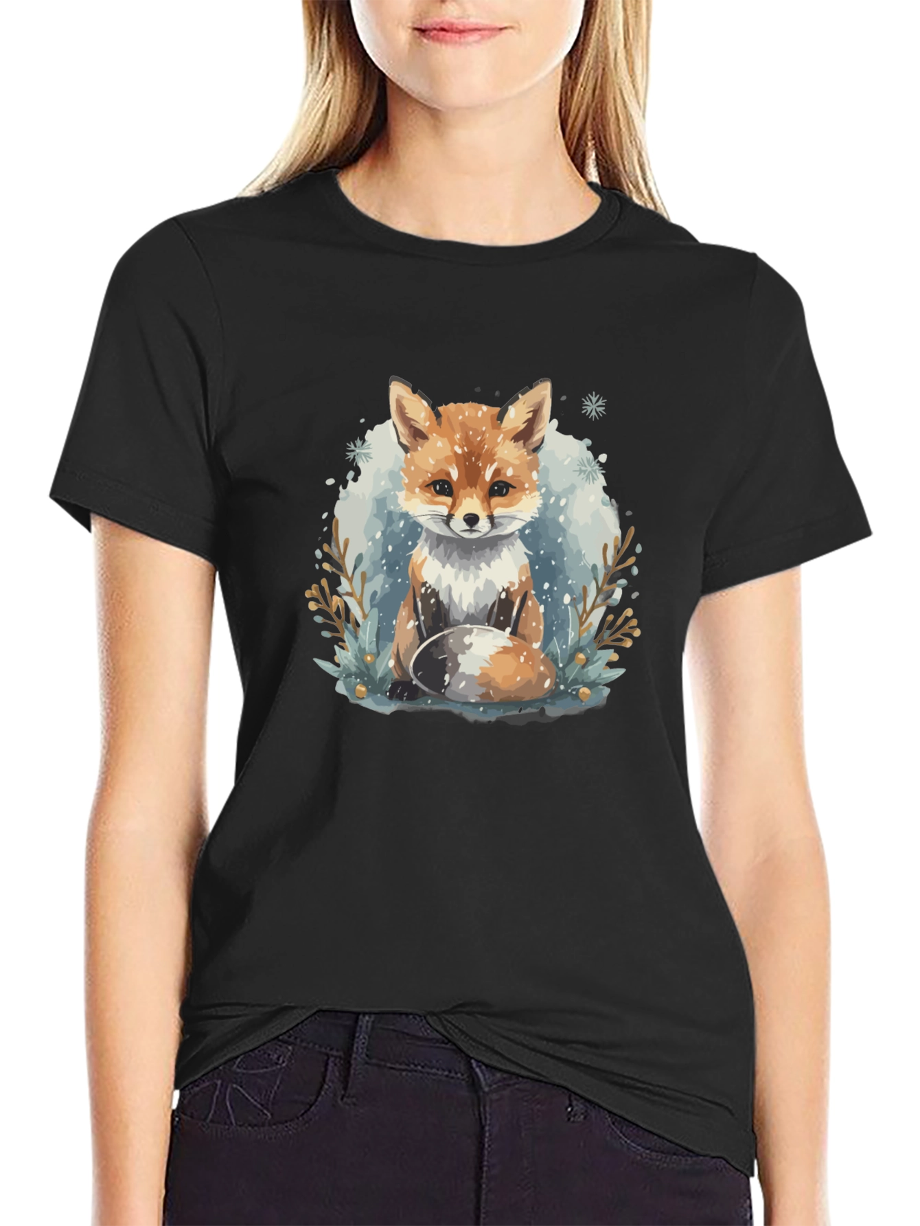 Winter Fox Graphic Tee - Black Crewneck T-Shirt