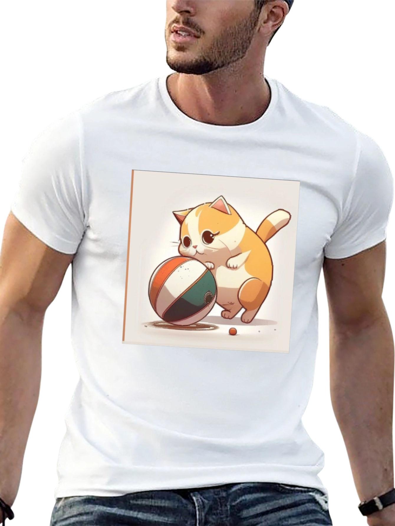 Cute Cartoon Cat with Ball Black T-Shirt