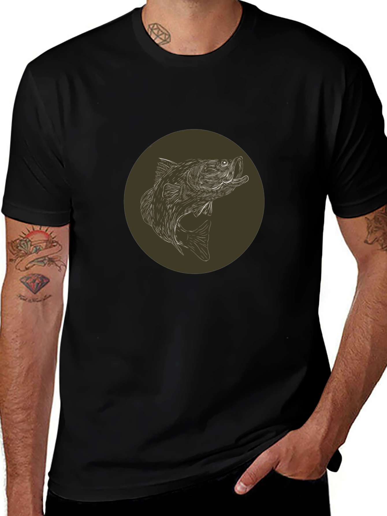 Bass Fishing T-Shirt - Black Round Graphic