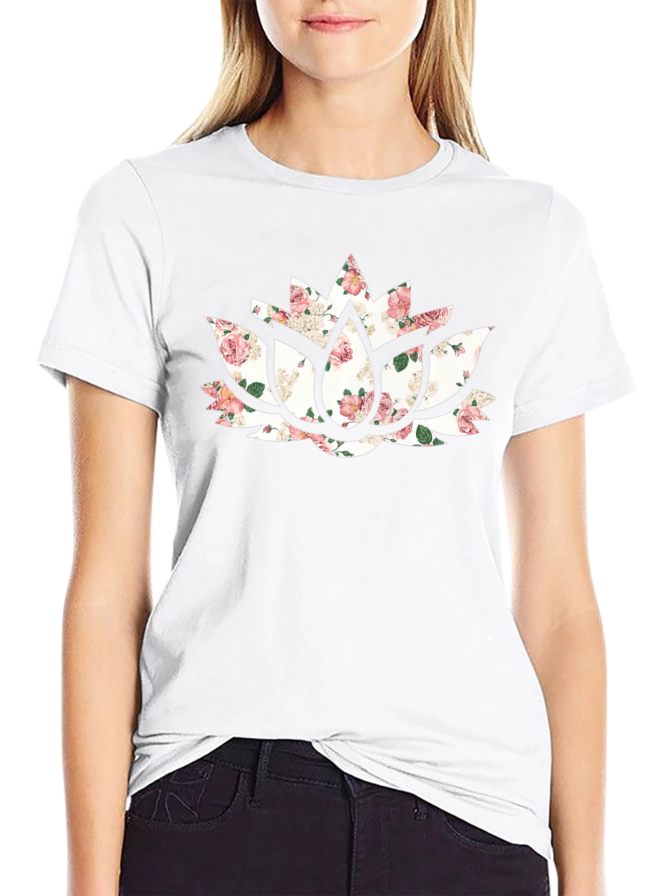 Floral Lotus Flower Graphic Black T-Shirt