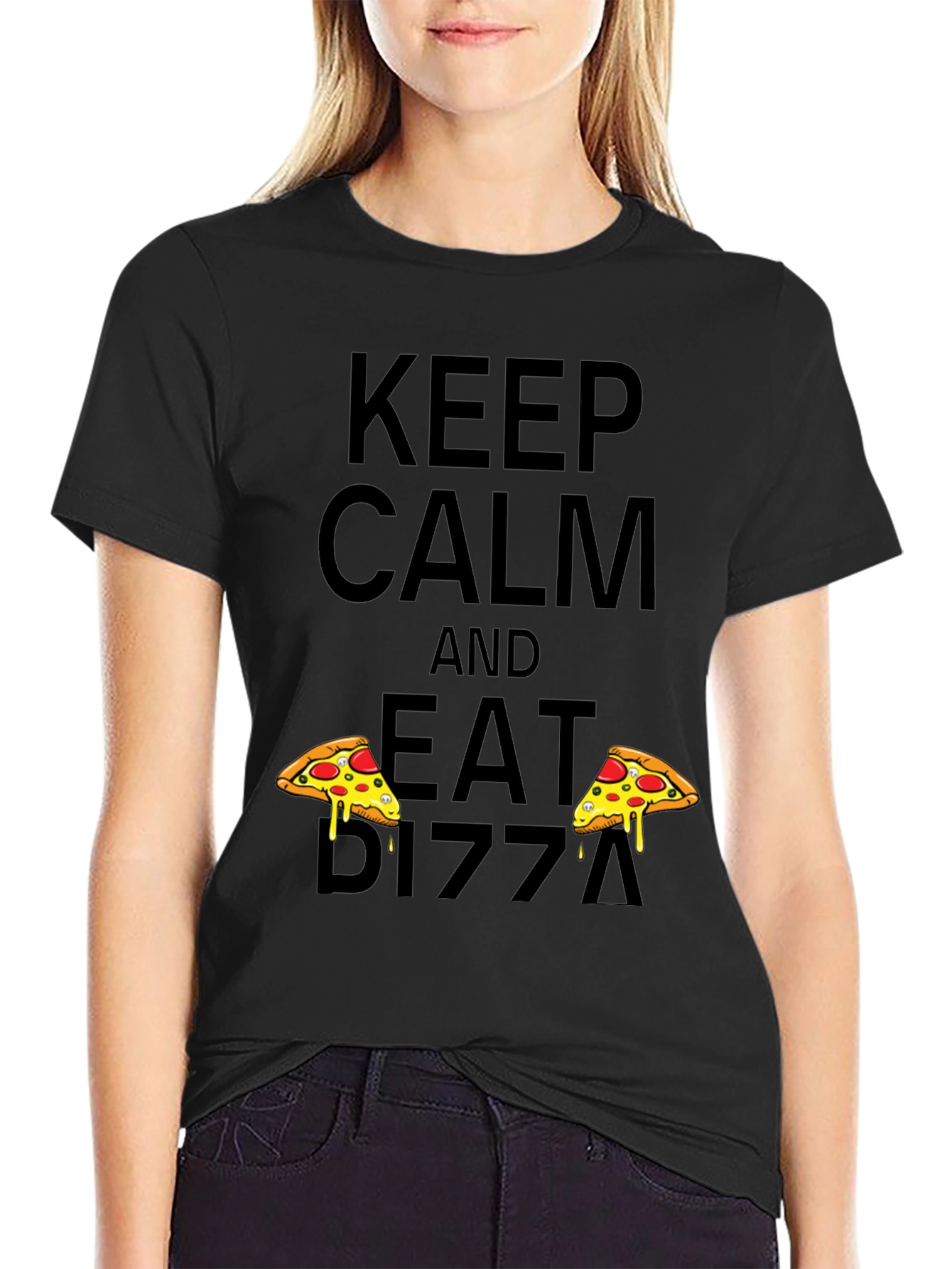 Keep Calm and Eat Pizza Black Tee