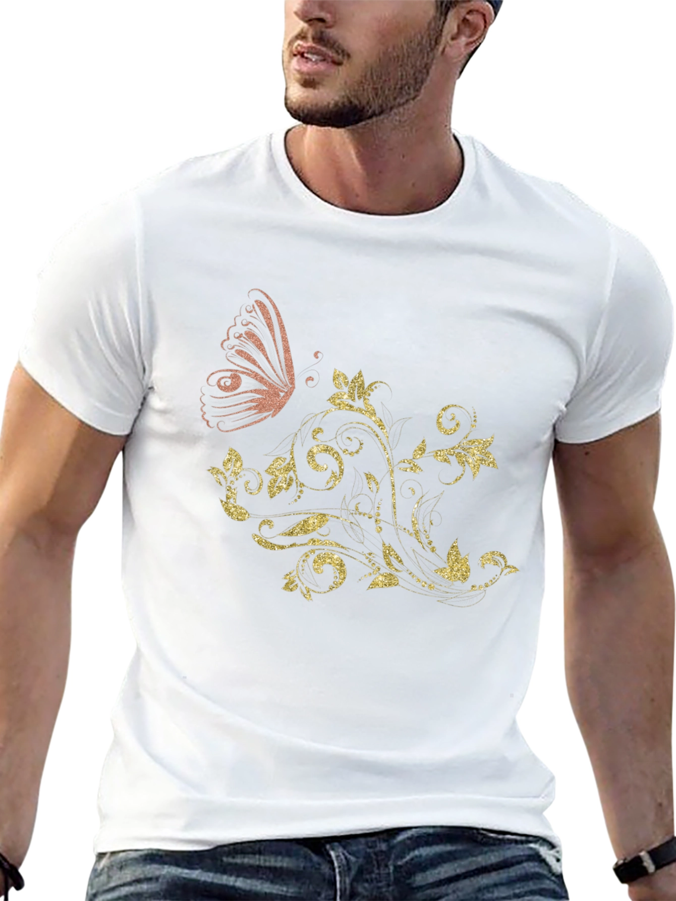 Butterfly Floral Mens Black Graphic Tee