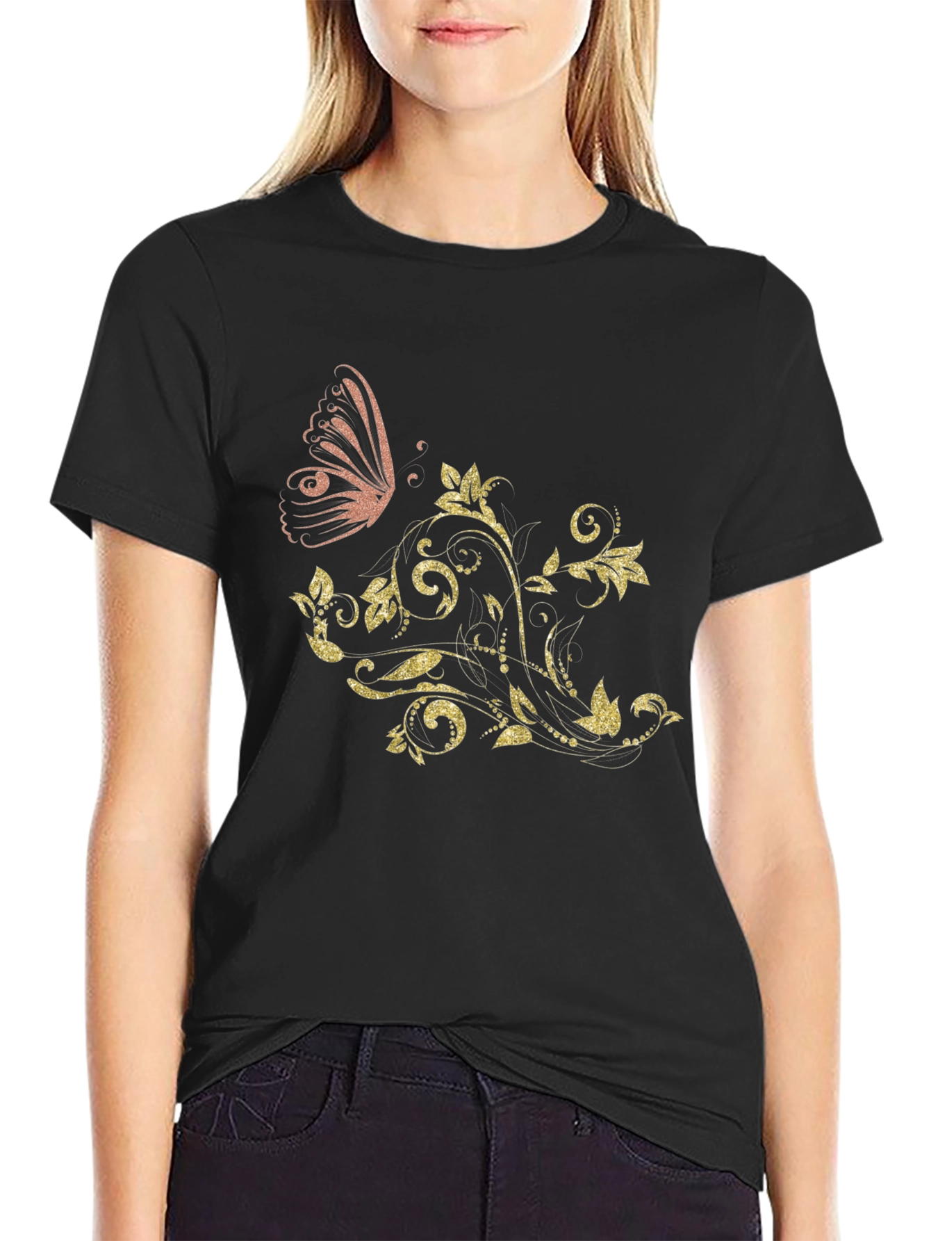 Butterfly Floral Mens Black Graphic Tee
