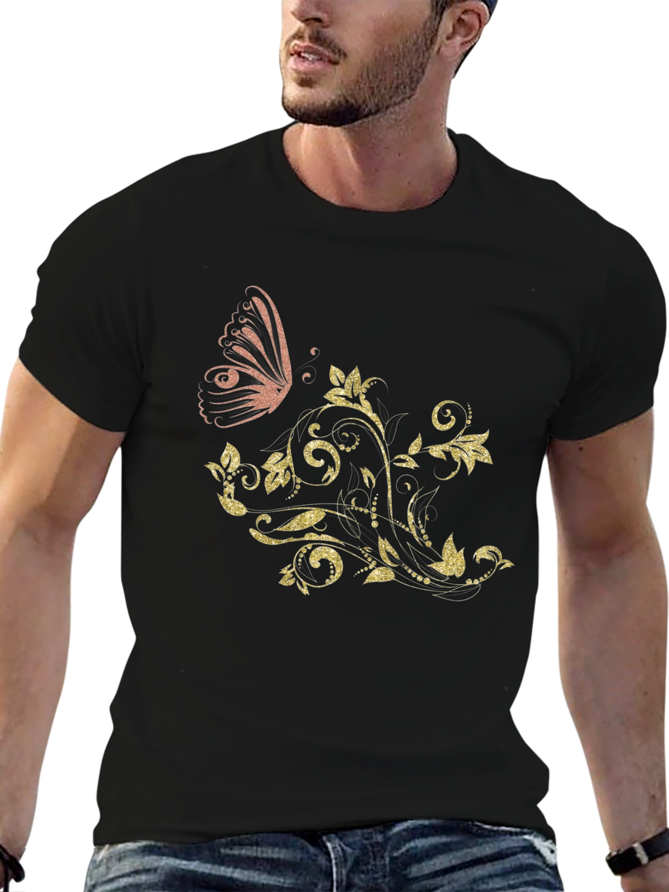 Butterfly Floral Mens Black Graphic Tee