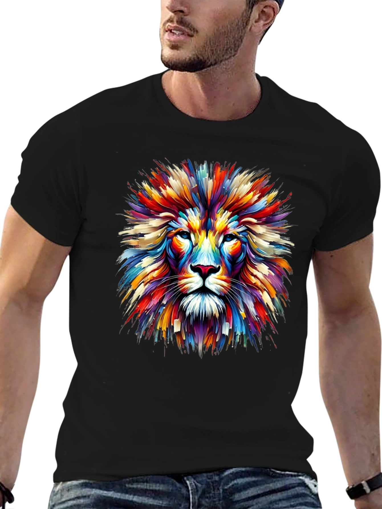 Vibrant Lion Graphic Print Black T-Shirt