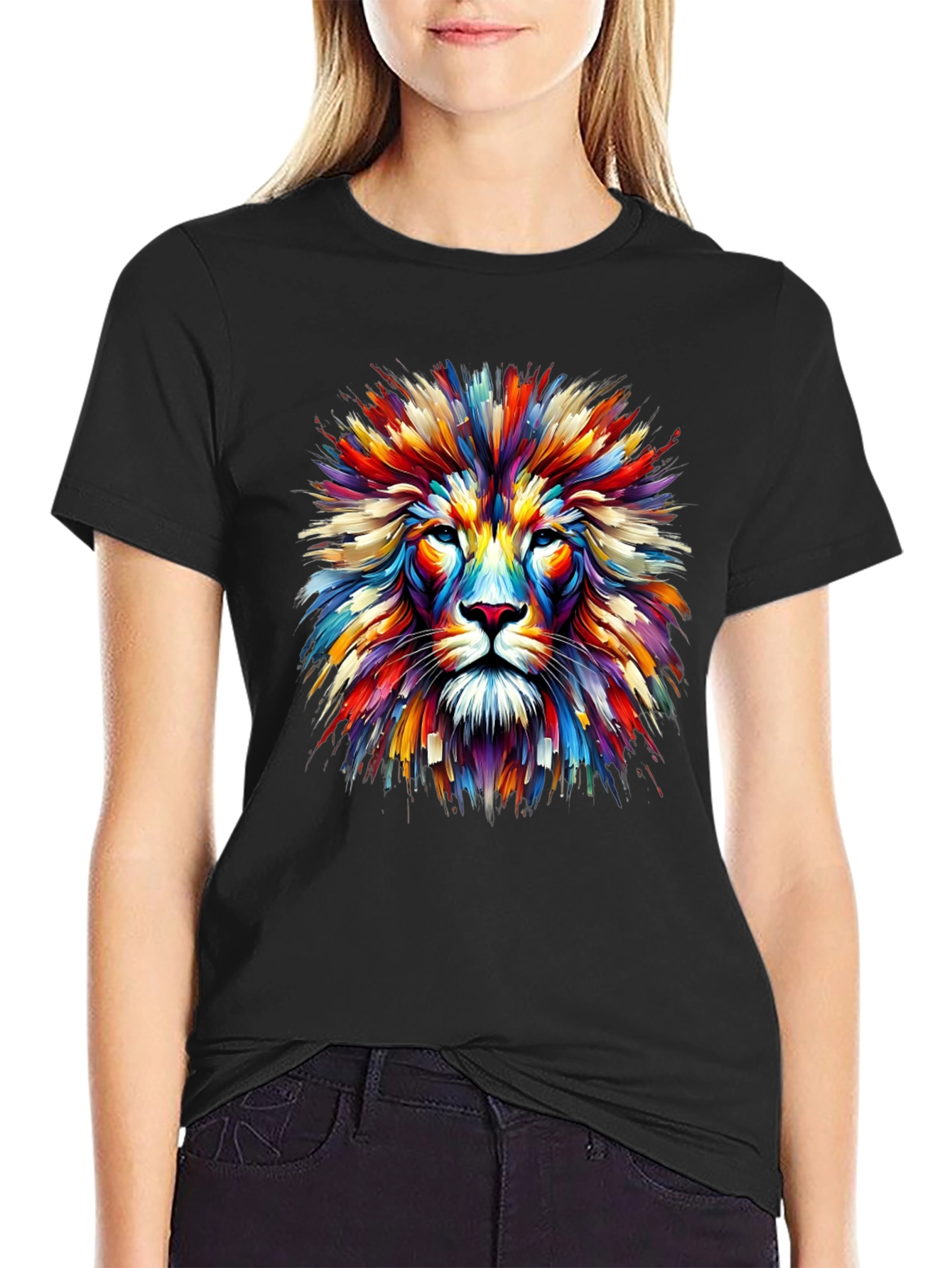 Vibrant Lion Graphic Print Black T-Shirt