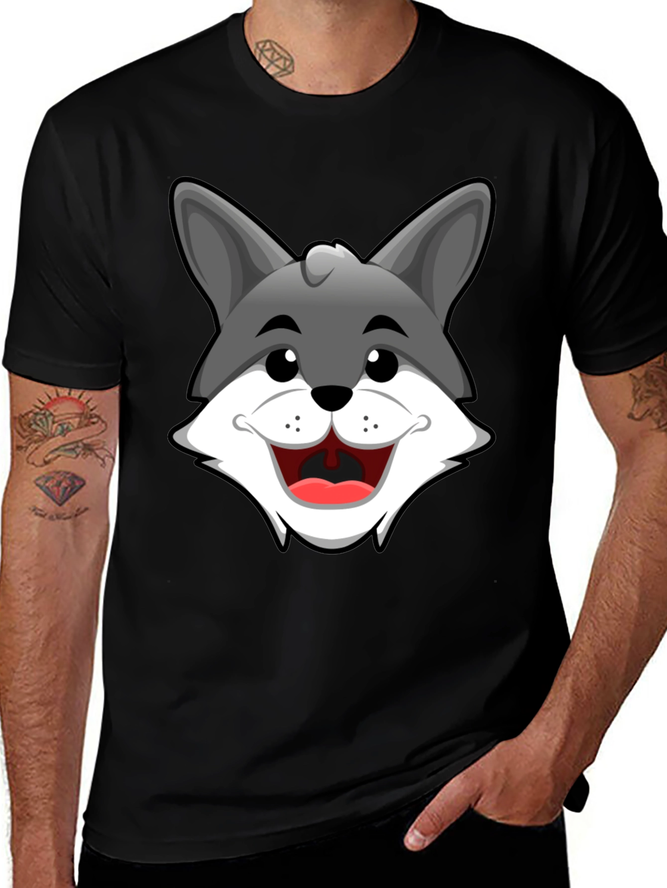 Cartoon Wolf Graphic T-Shirt - Black Cotton Tee