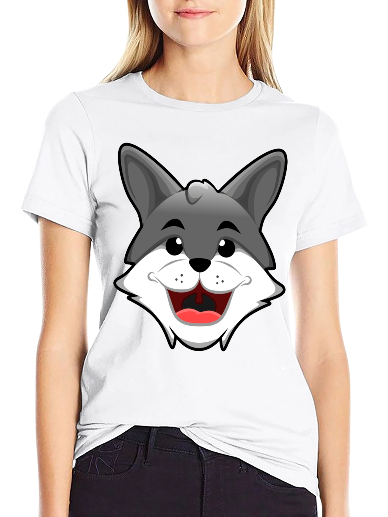 Cartoon Wolf Graphic T-Shirt - Black Cotton Tee