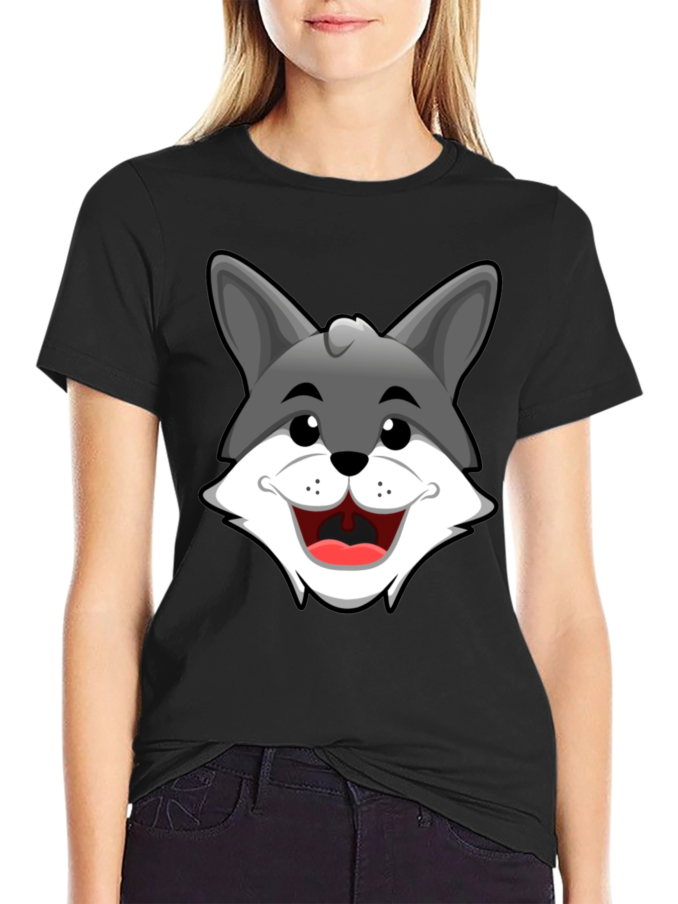 Cartoon Wolf Graphic T-Shirt - Black Cotton Tee