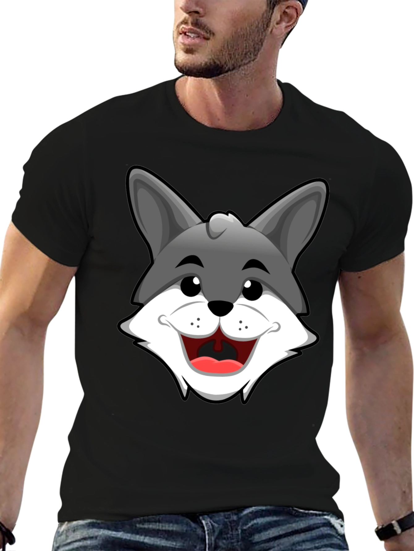 Cartoon Wolf Graphic T-Shirt - Black Cotton Tee