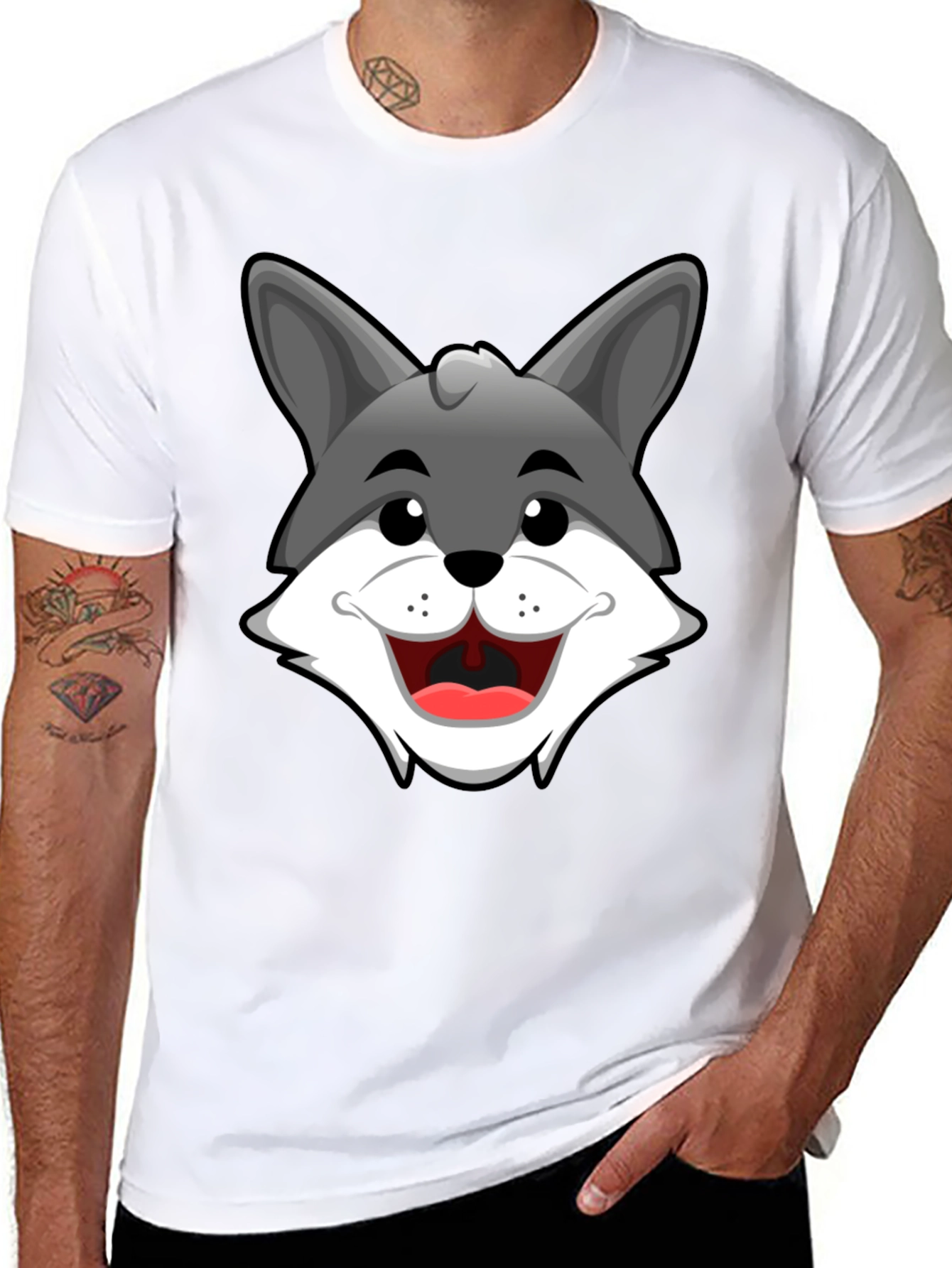 Cartoon Wolf Graphic T-Shirt - Black Cotton Tee