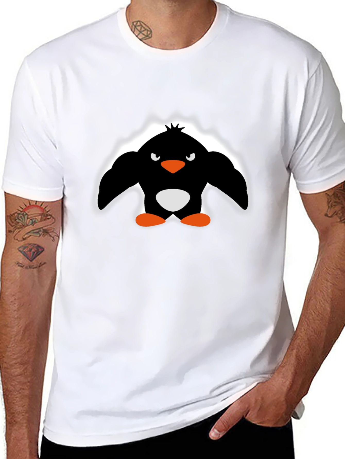 Angry Penguin Graphic Print Black T-Shirt