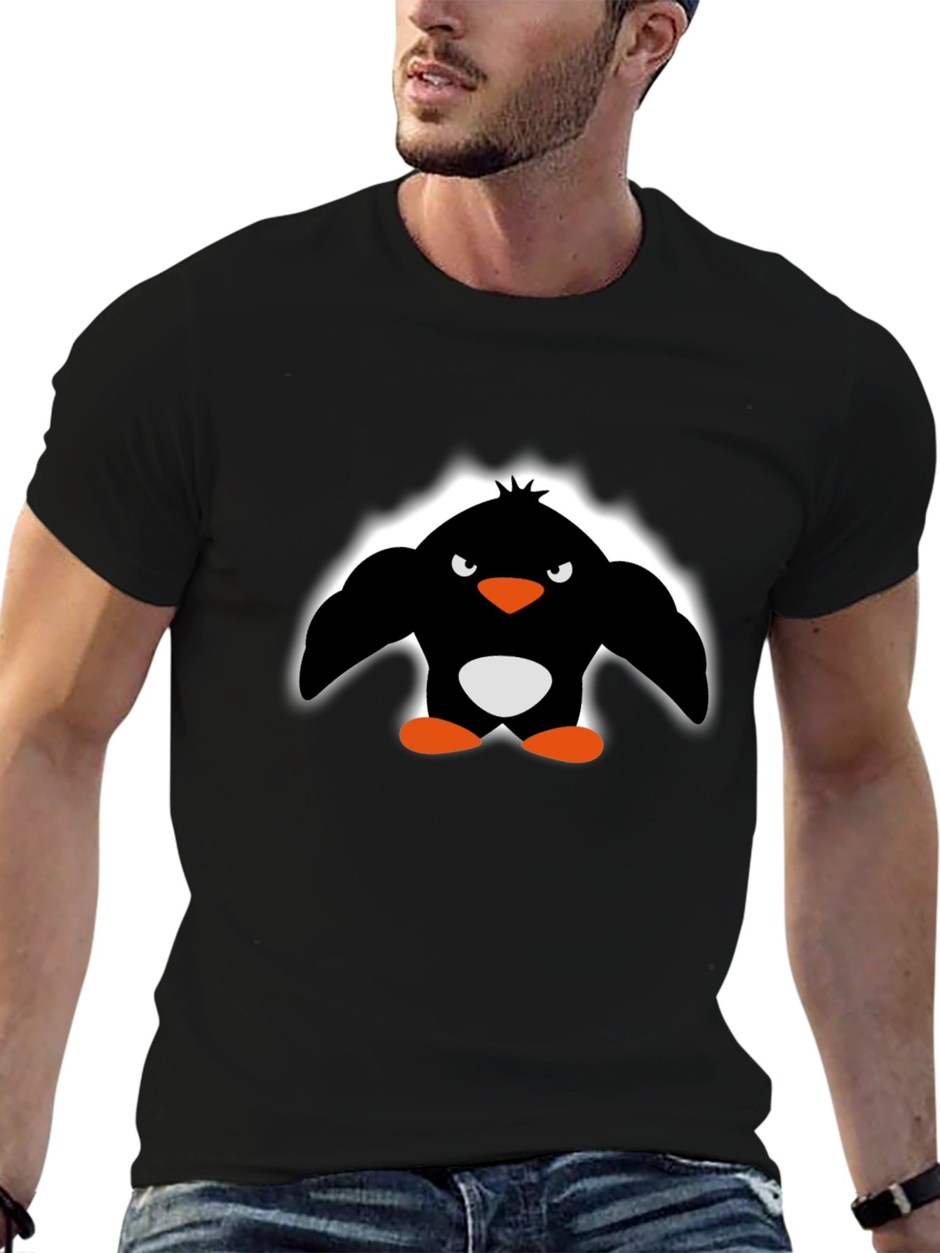 Angry Penguin Graphic Print Black T-Shirt