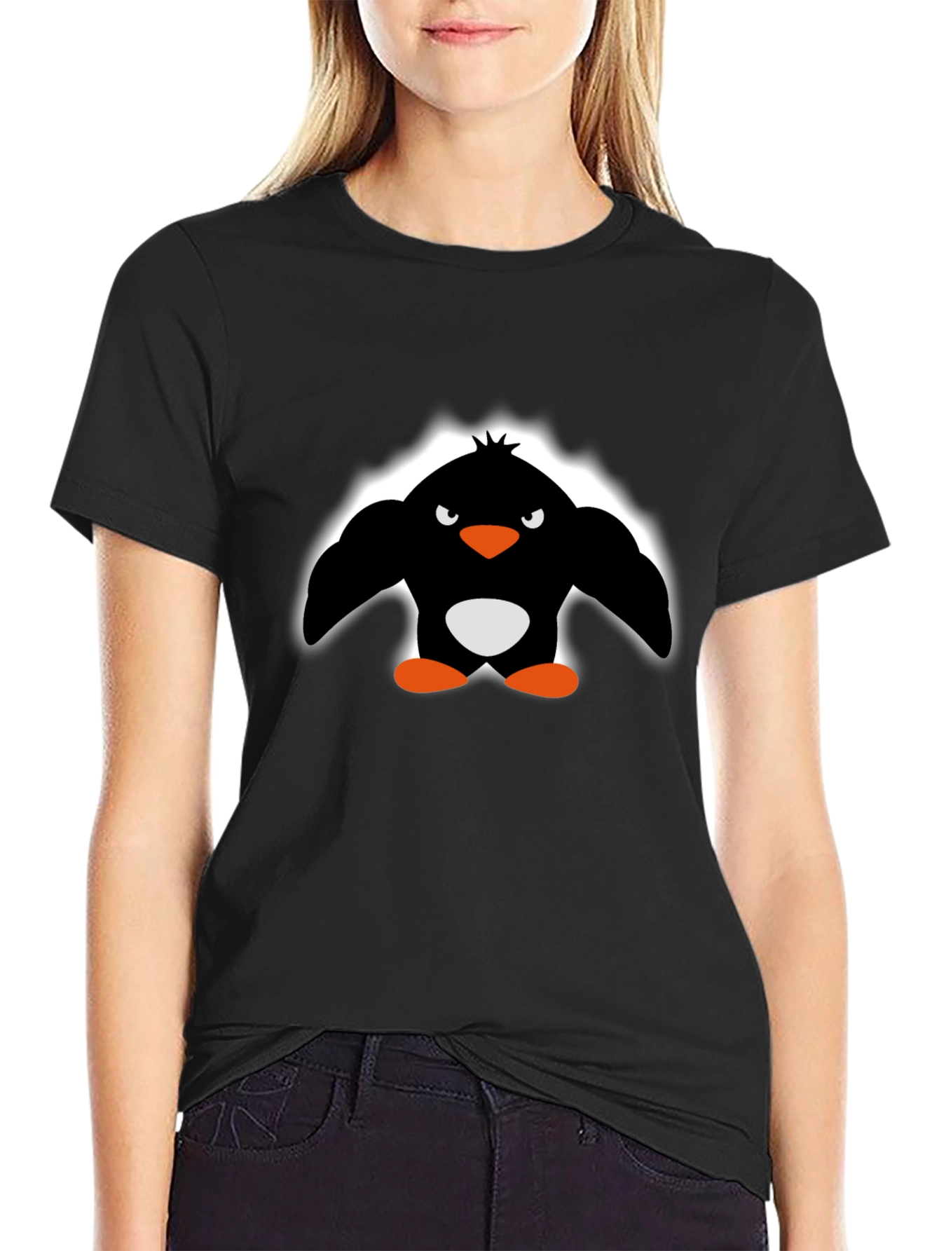 Angry Penguin Graphic Print Black T-Shirt