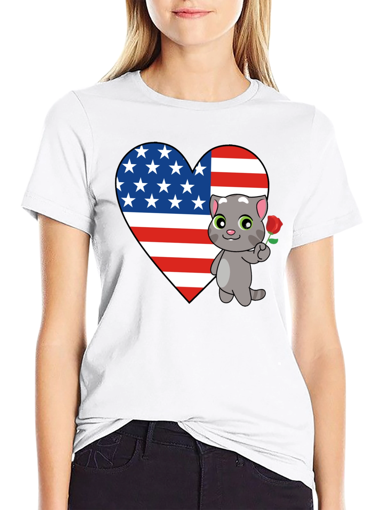 American Flag Heart Cat Graphic T-Shirt