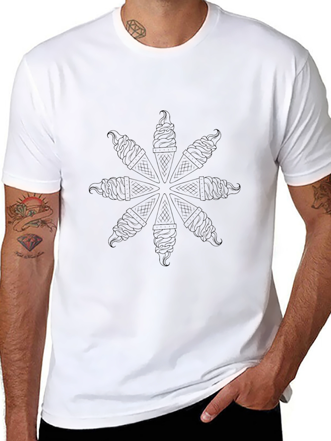 Black T-Shirt with Ice Cream Cone Pattern