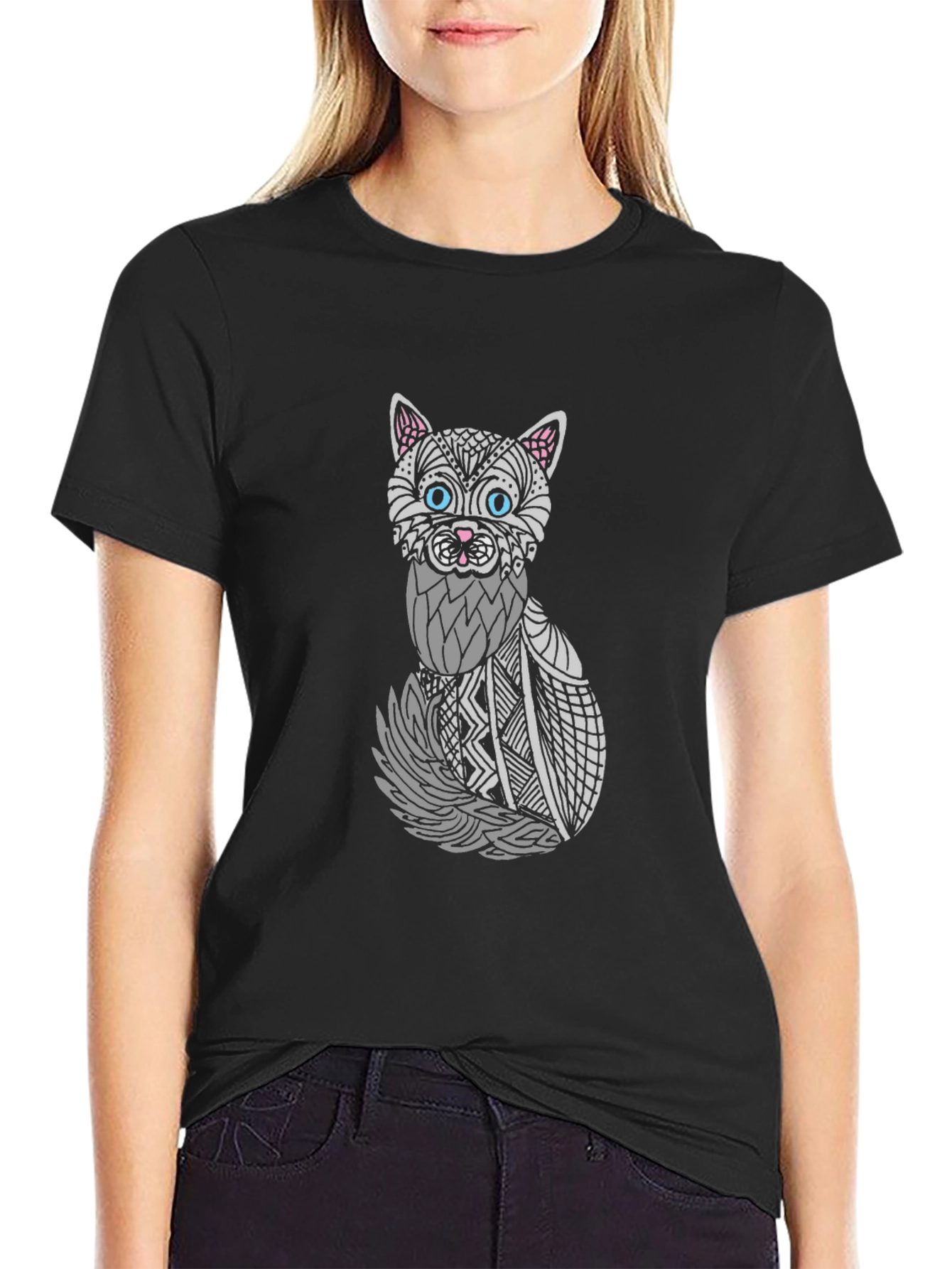 Abstract Cat Graphic T-Shirt - Unisex Black Tee