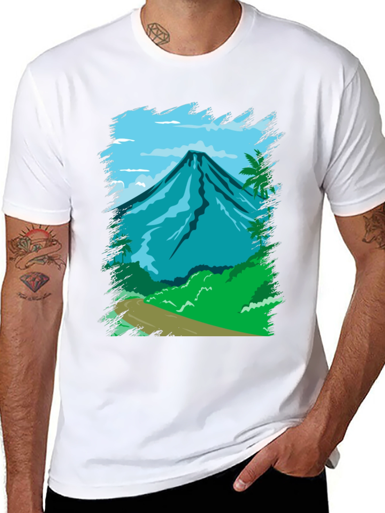 Tropical Mountain Graphic Tee - Black Cotton Shirt