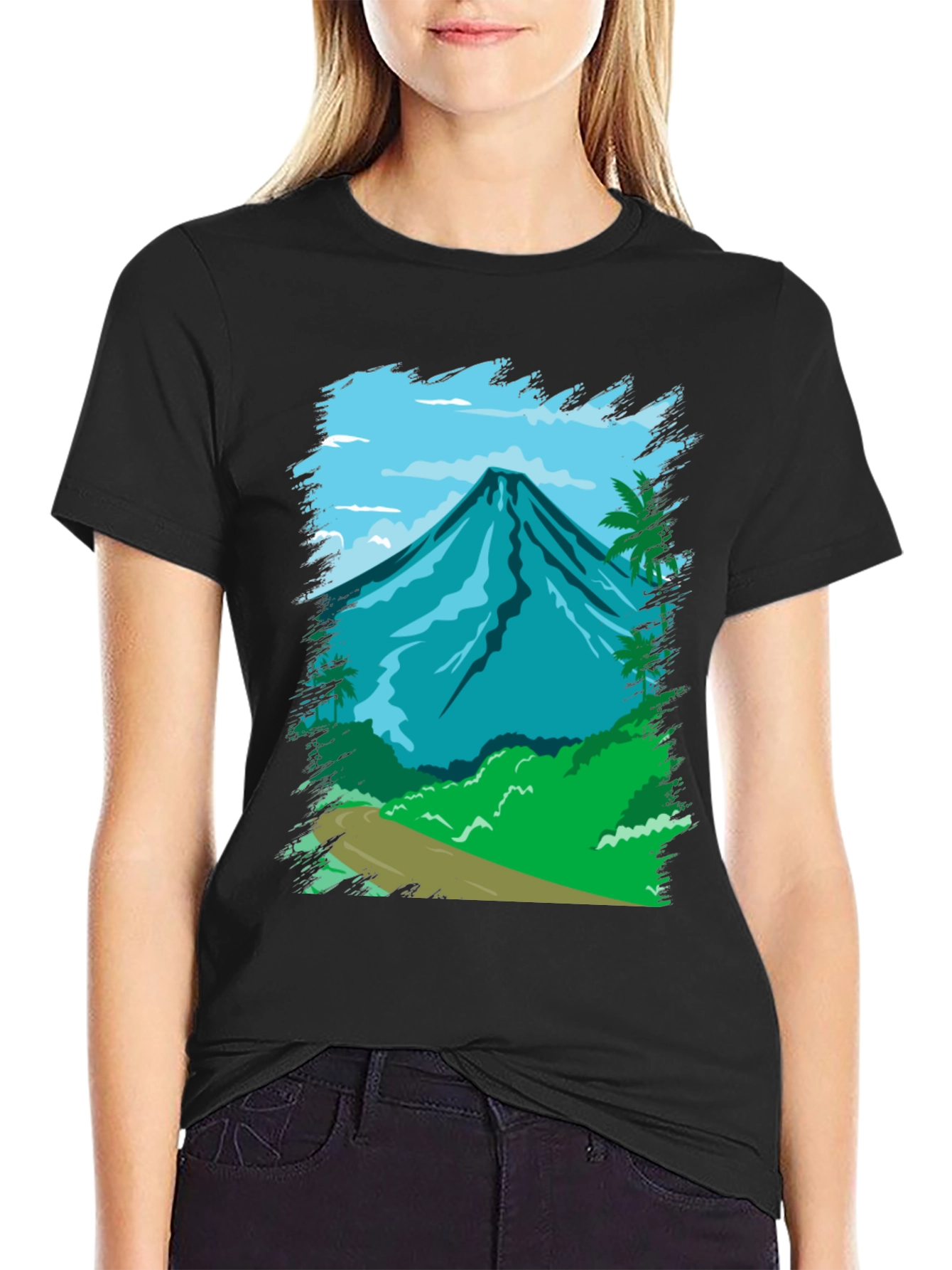 Tropical Mountain Graphic Tee - Black Cotton Shirt