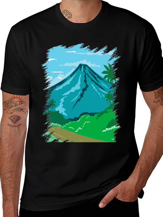 Tropical Mountain Graphic Tee - Black Cotton Shirt