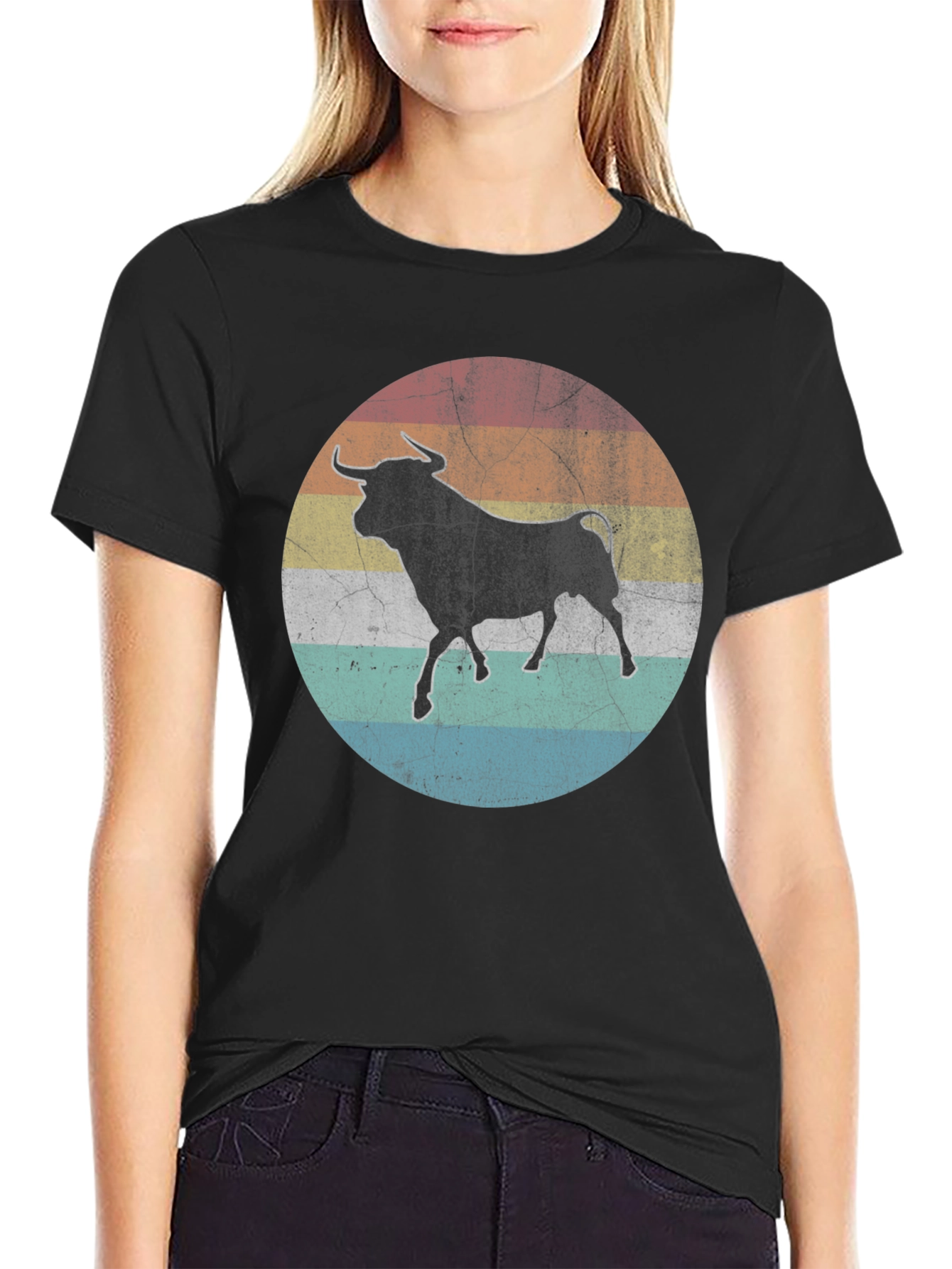 Retro Bull Graphic Tee - Black Cotton T-Shirt