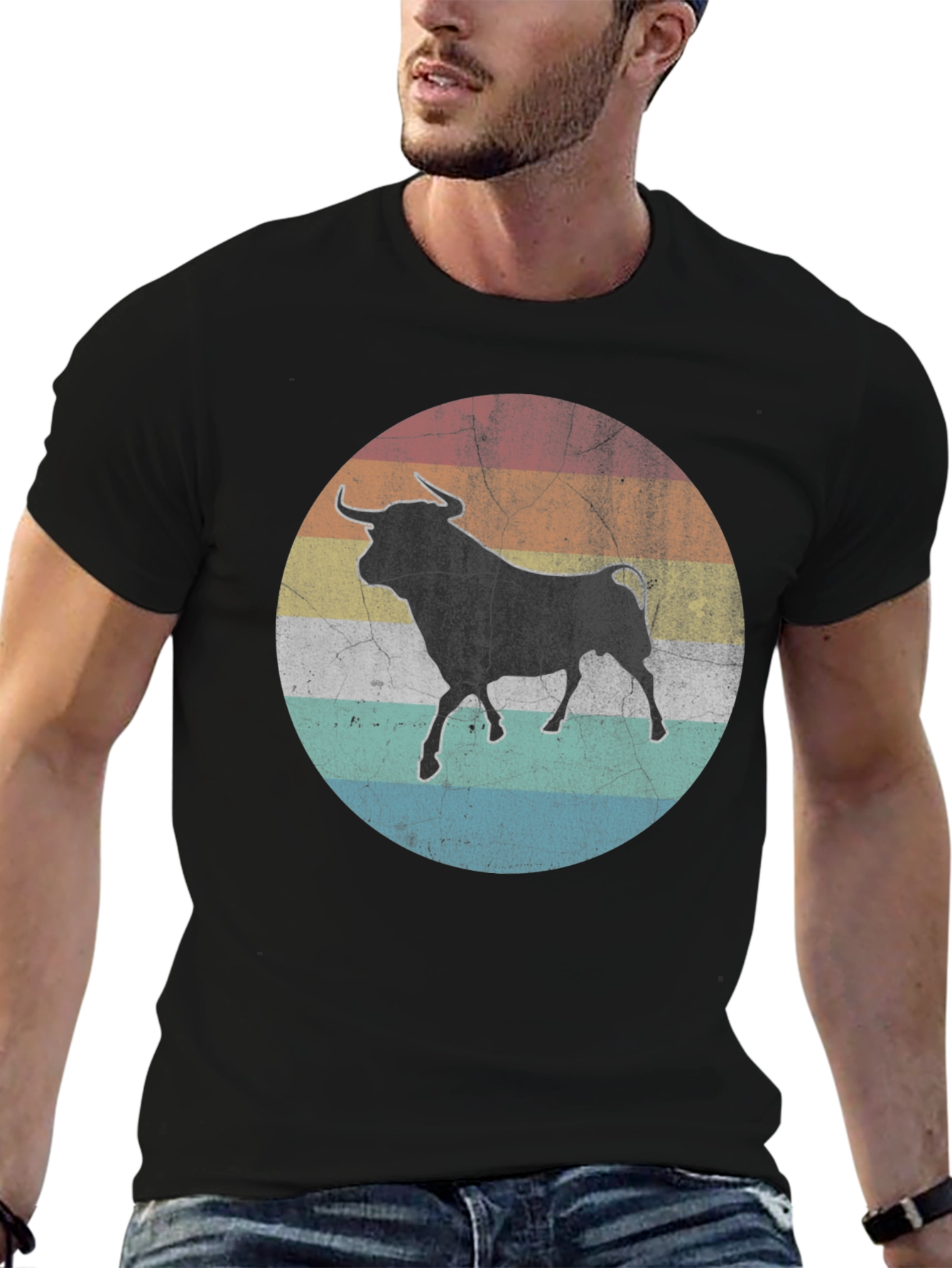 Retro Bull Graphic Tee - Black Cotton T-Shirt