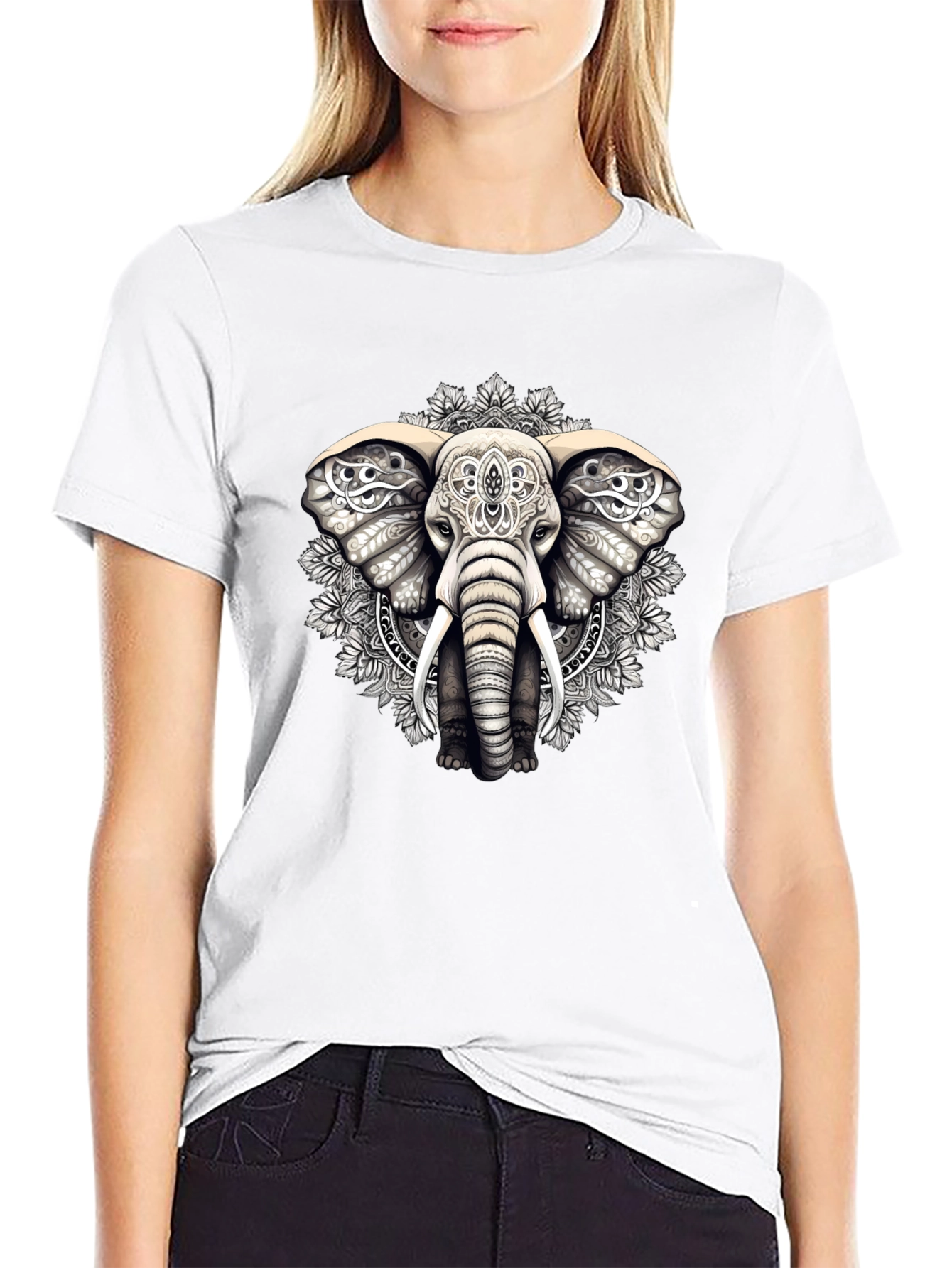 Elephant Mandala Graphic Tee - Black Cotton Blend Shirt