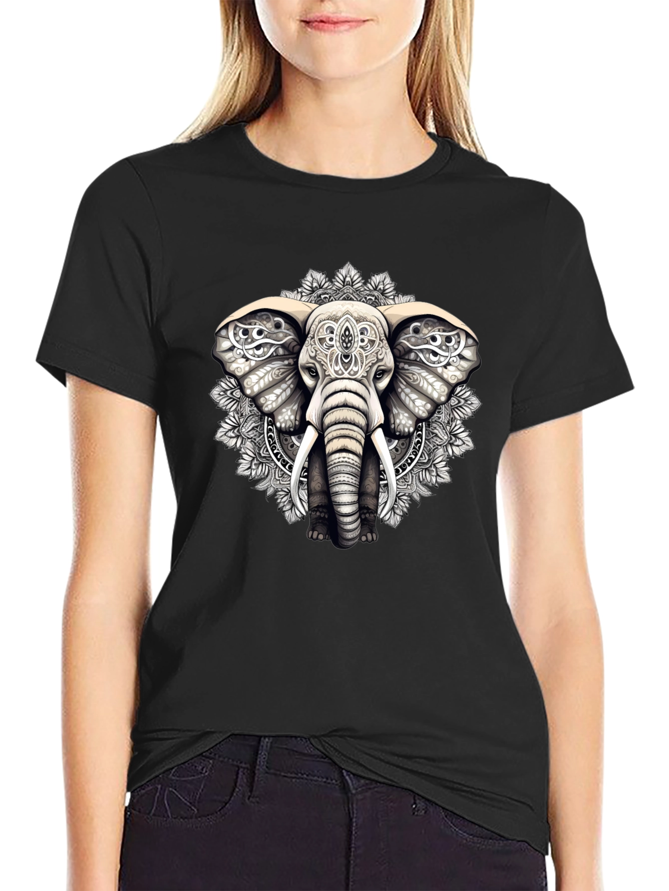 Elephant Mandala Graphic Tee - Black Cotton Blend Shirt