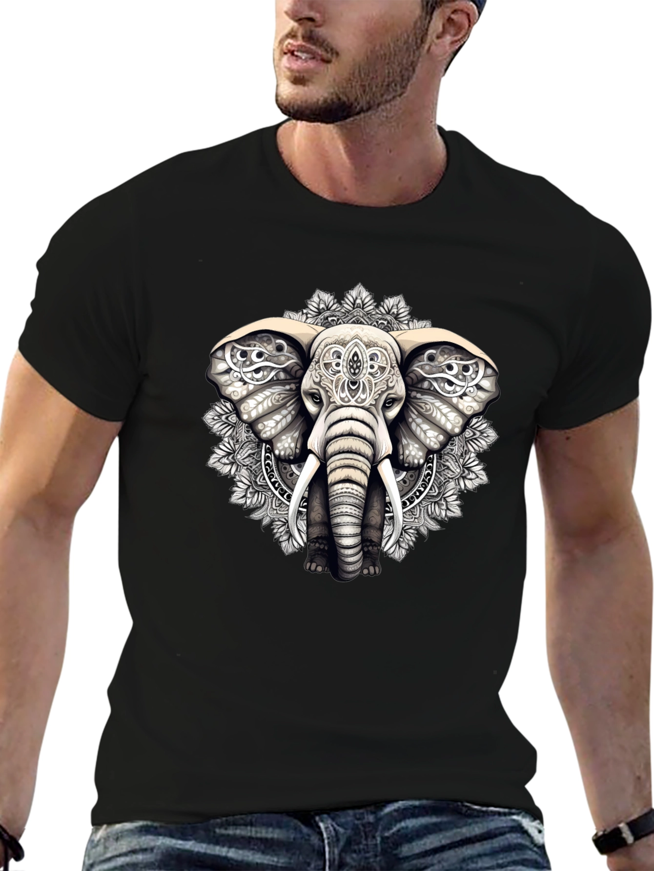 Elephant Mandala Graphic Tee - Black Cotton Blend Shirt