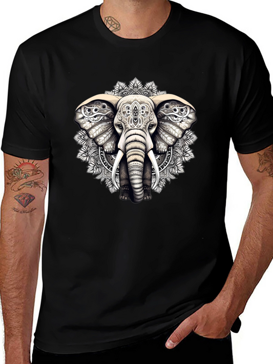 Elephant Mandala Graphic Tee - Black Cotton Blend Shirt
