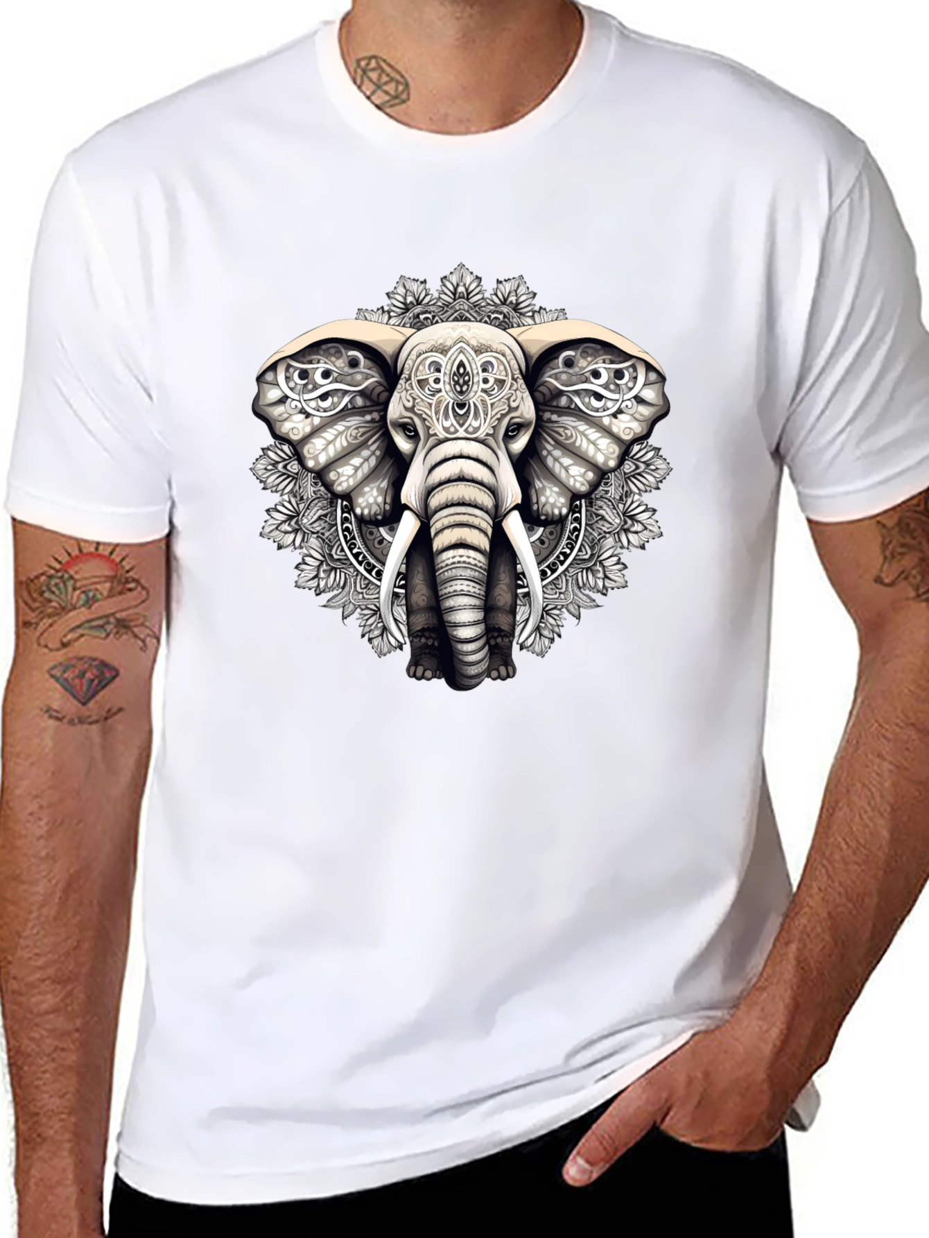 Elephant Mandala Graphic Tee - Black Cotton Blend Shirt