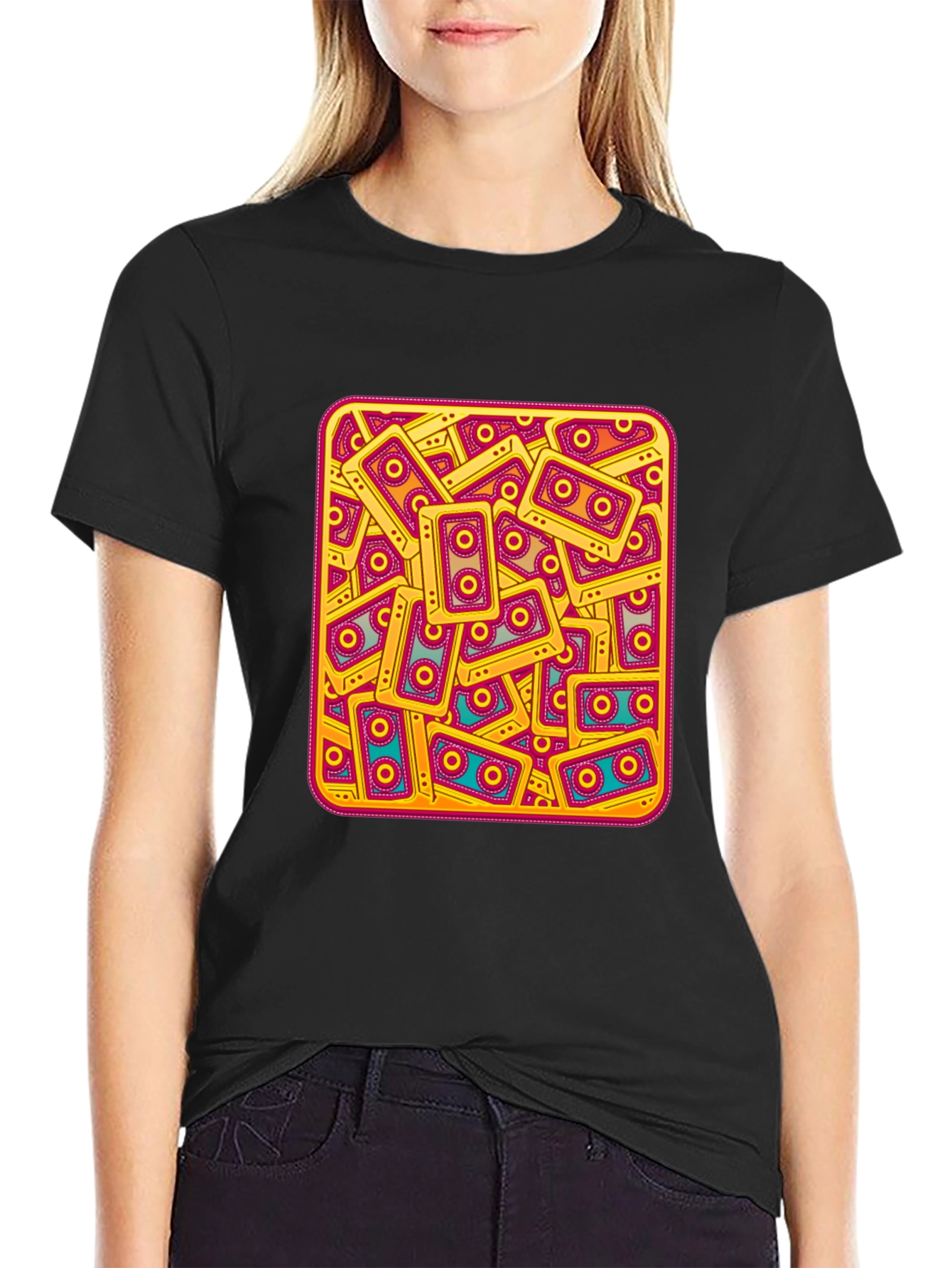 Retro Cassette Tape Pattern T-Shirt