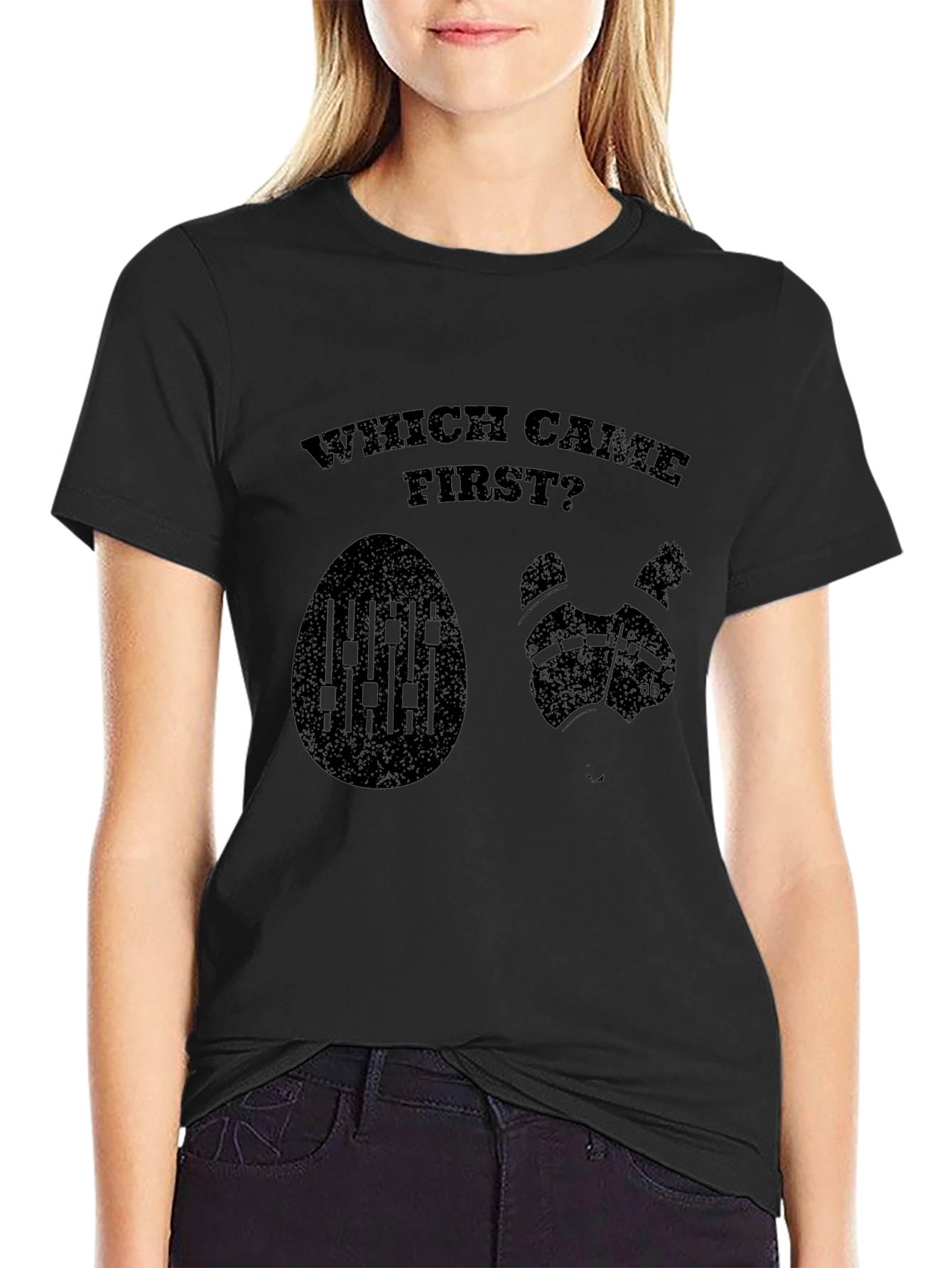 Which Came First? Egg or Chicken Black T-Shirt
