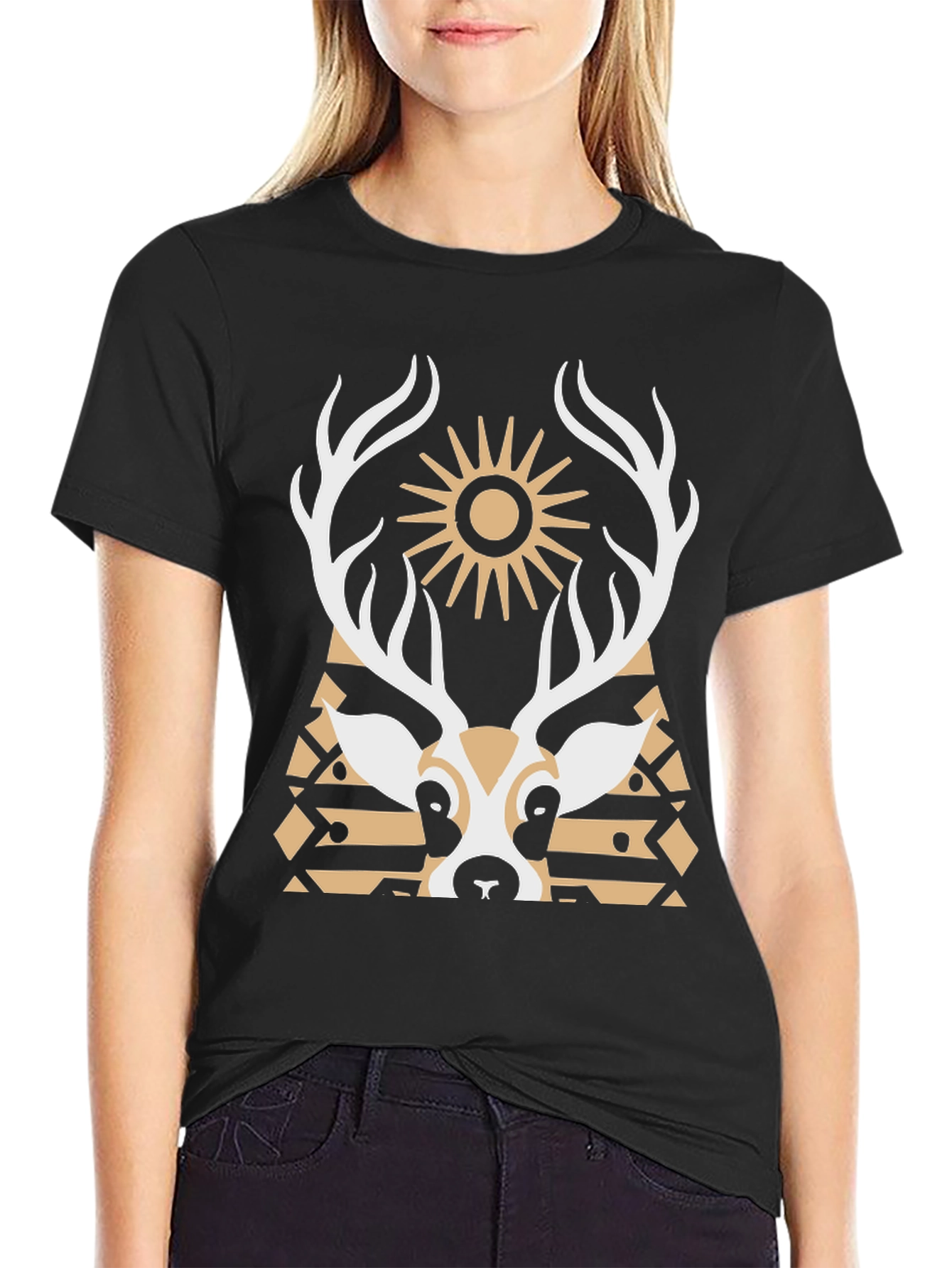 Geometric Deer Graphic Tee - Black