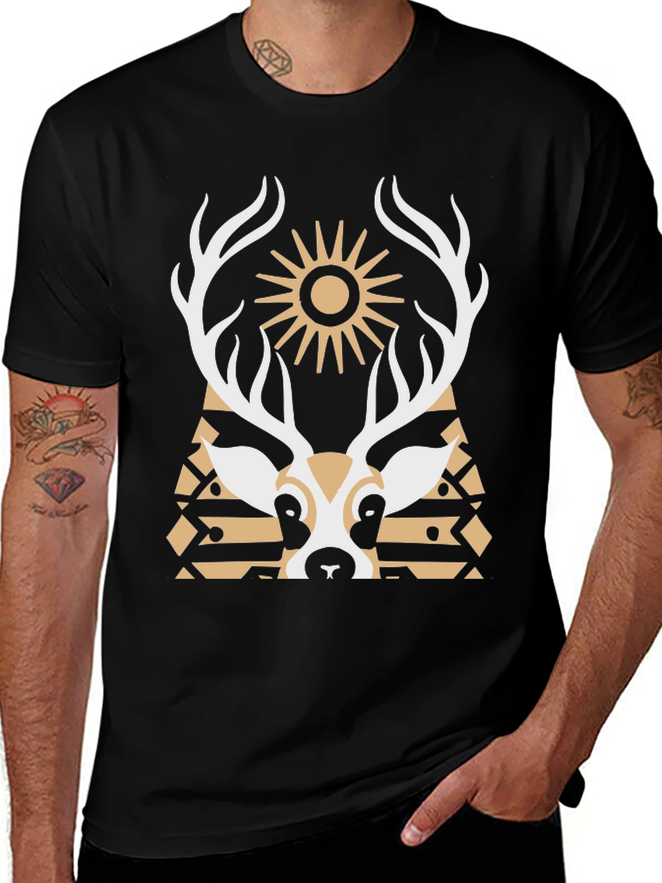 Geometric Deer Graphic Tee - Black