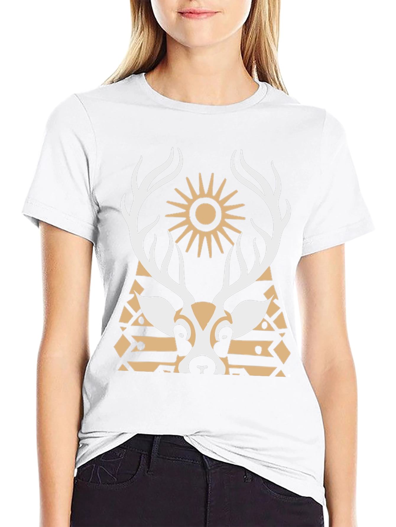 Geometric Deer Graphic Tee - Black