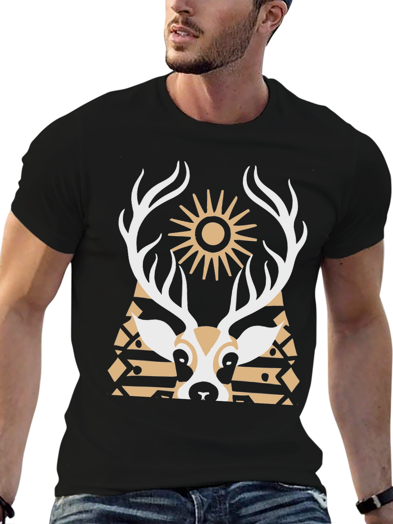 Geometric Deer Graphic Tee - Black