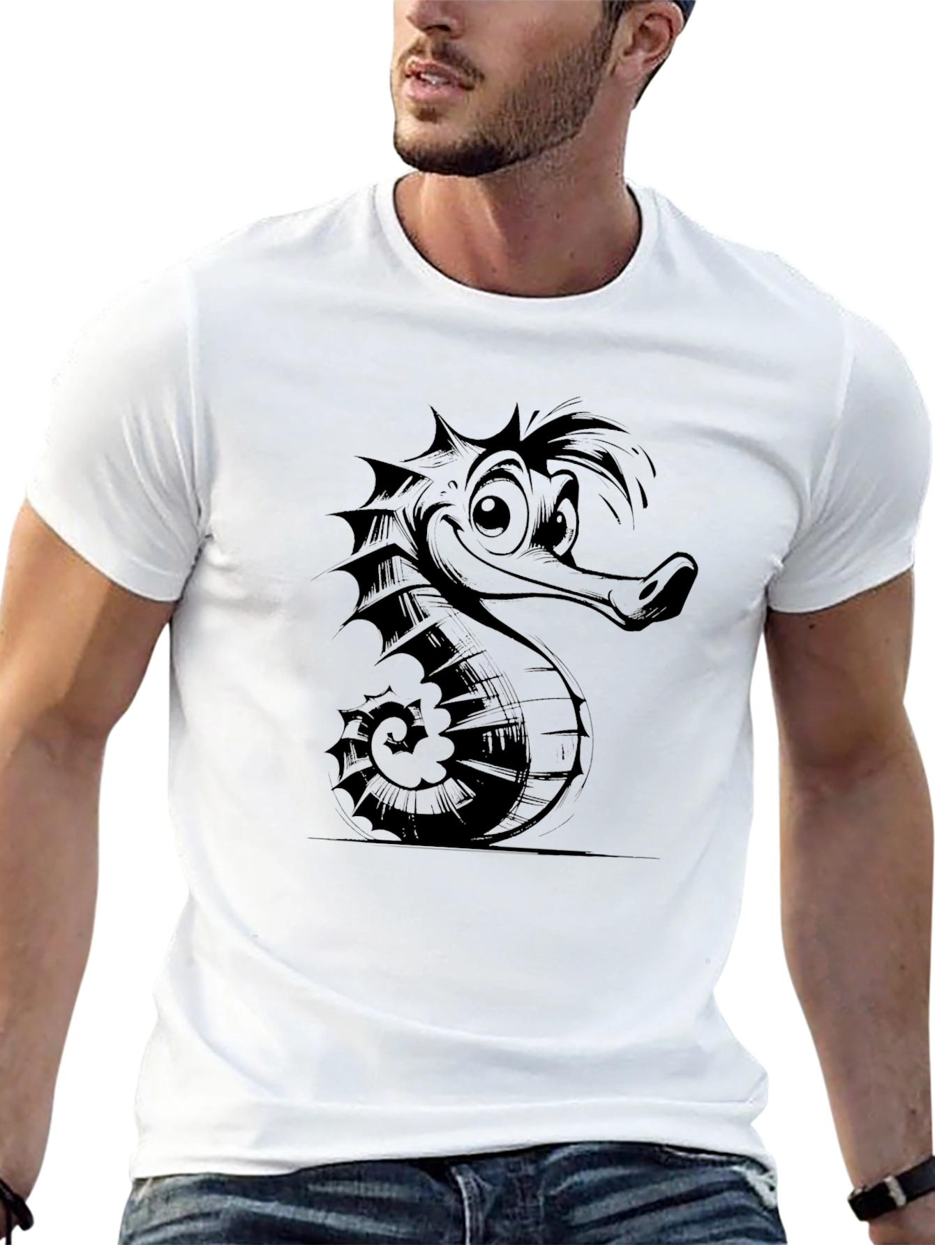 Cartoon Seahorse Graphic Tee - Black