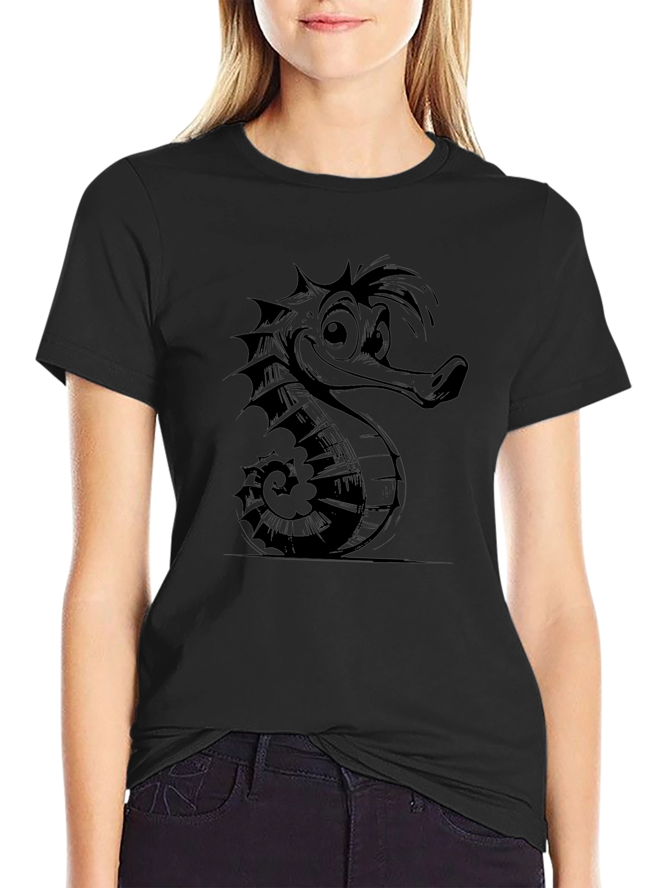 Cartoon Seahorse Graphic Tee - Black
