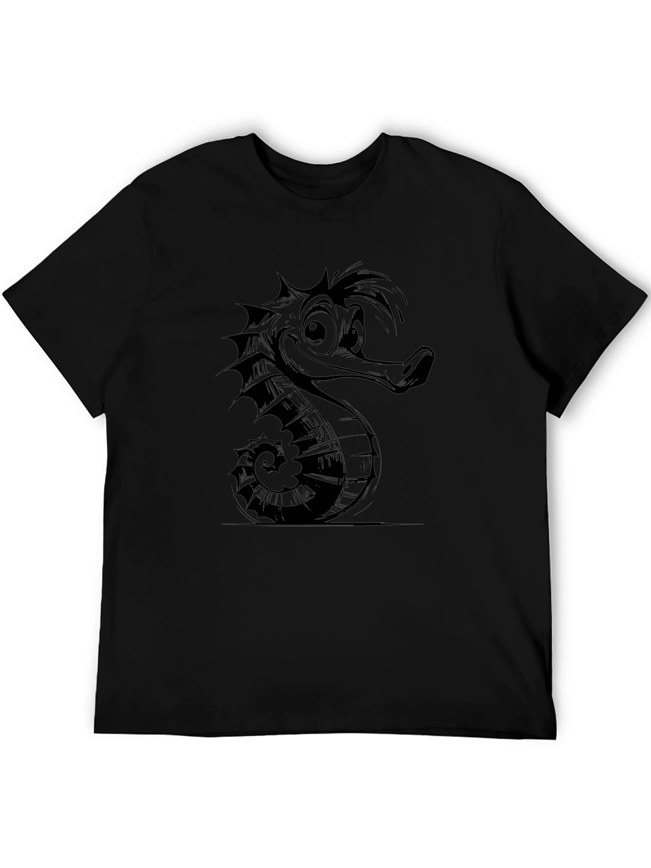 Cartoon Seahorse Graphic Tee - Black