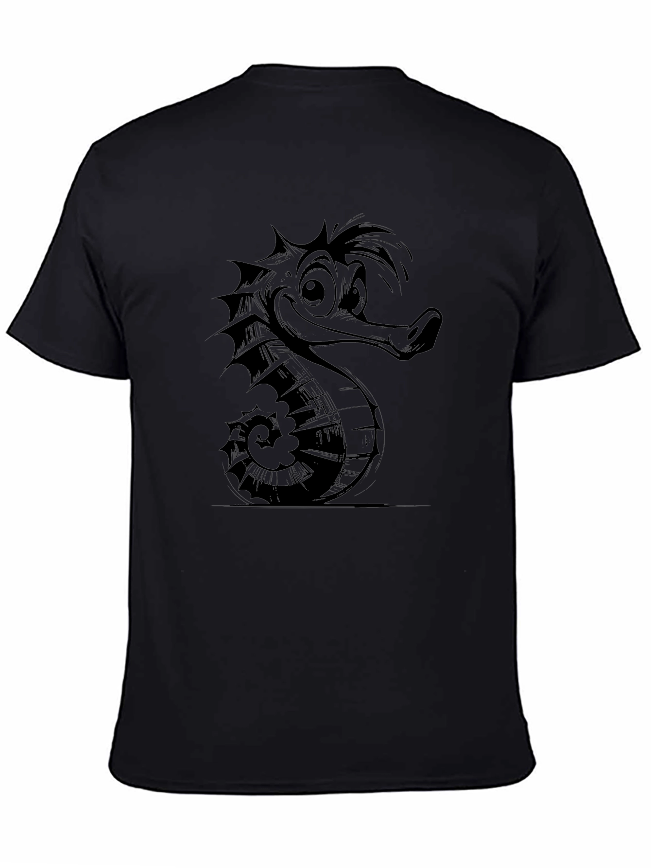 Cartoon Seahorse Graphic Tee - Black