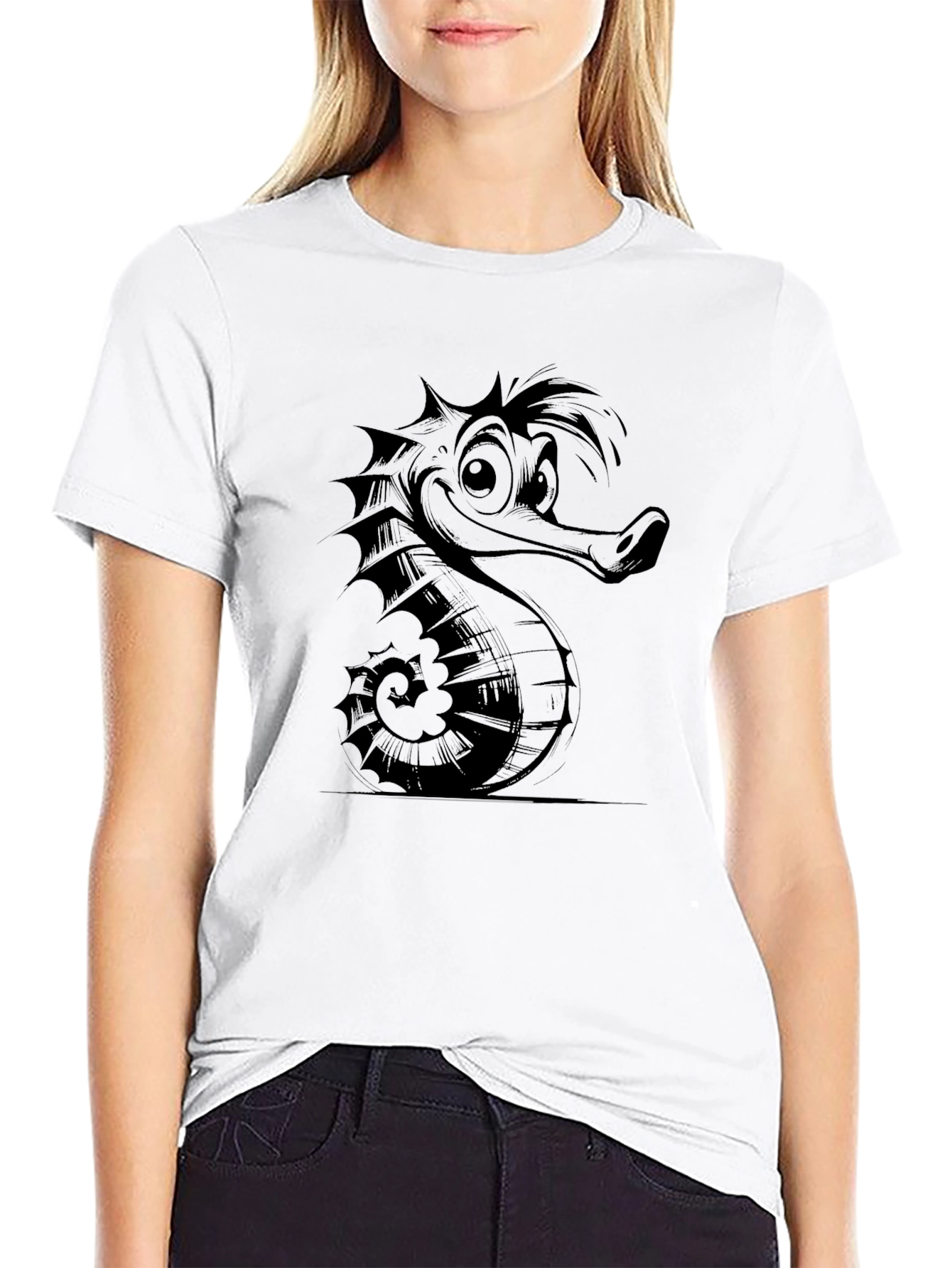 Cartoon Seahorse Graphic Tee - Black