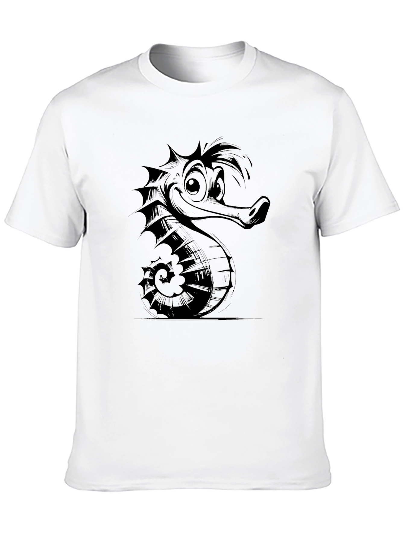 Cartoon Seahorse Graphic Tee - Black