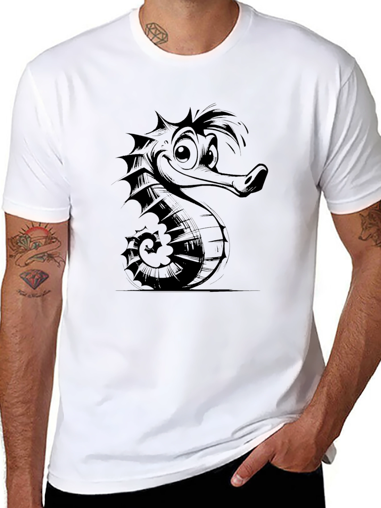 Cartoon Seahorse Graphic Tee - Black