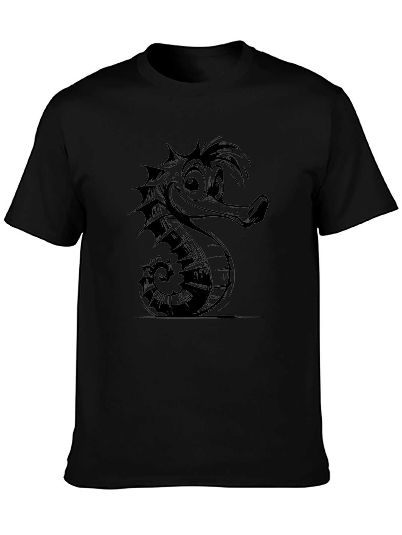 Cartoon Seahorse Graphic Tee - Black