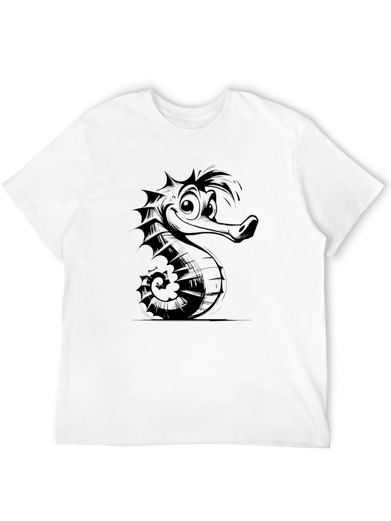 Cartoon Seahorse Graphic Tee - Black