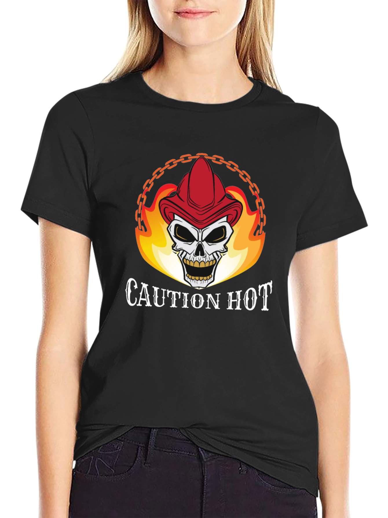 Caution Hot Skull Firefighter Graphic T-Shirt